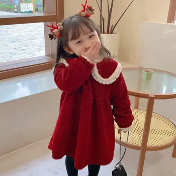 2022 Outono e Inverno Nova Garota da Roupa Engrossar coreano para Crianças Vestido de mangas compridas Vestido de Princesa Tendência de Vestido para as Meninas