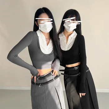 As mulheres de Dois-em-Um Design de Manga comprida Crop Top Com Camisa de Propagação de Colarinho