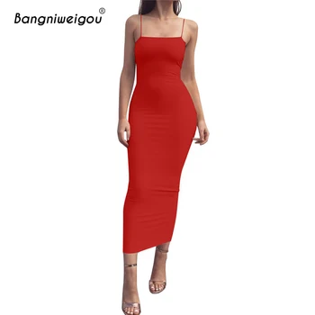 Bangniweigou Sem Encosto De Espaguete Fita Para O Longa Vestido Das Mulheres Bodycon Slim Primavera Verão Elegante Office Vestido De Festa Femme Robe Vermelho