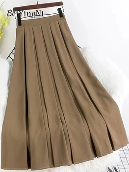Beiyingni Primavera, Outono Elegantes Saias Plissadas Mulheres do Vintage Moda Cintura Alta A Saia de linha Office Senhoras Casual Slim Faldas