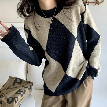 Chique Vintage O-Pescoço Xadrez Argyle Suéter De Malha Superior Mulheres-Coreano Outono E Inverno 