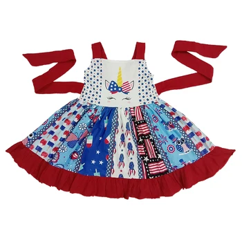Criança de verão menina 4 de julho de vestido de criança patchwork espiralado vestido sem mangas joelho de comprimento do vestido do bebê boutique vestido de crianças vestuário