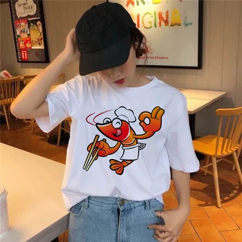 Feminino de Verão de Manga Curta T-Shirt das Mulheres Bonito Lobsterling Impressão Tshirt Menina Harajuku Casual Branco Tops do navio da Gota