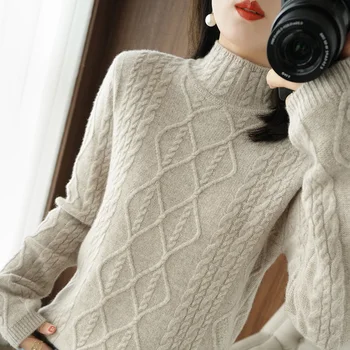 Meia-gola alta senhoras camisola de lã no outono e inverno de malha grossa camisola de torção de novo suéter de cashmere desgaste exterior da base de dados de camisola