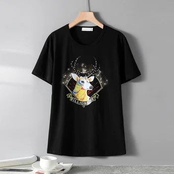 Moda verão Harajuku estilo curto da luva T-shirts senhora Criatividade Veado Padrão de Impressão a Quente diamantes Solto e Casual mulheres tops