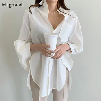O Coreano Divisão De Algodão Branco, As Mulheres Blusas Casuais Flare De Manga Longa De Moda Oversized Mulheres De Roupas Soltas Mulher Camisas, Tops 14491