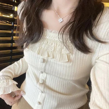 O coreano Kawaii Laço Trufas Guarnição Milkmaid Tops Estética Y2K Fairycore Bonito T-Shirt Elegante Retro Botão de Ajuste Fino Crop Tops Preppy