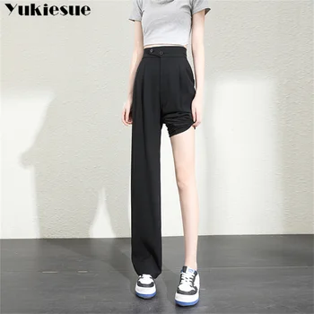 o coreano moda streetwear verão de cintura alta de Mulheres de perna larga Capris terno de calça para mulheres largas e retas, calças de calças de mulher