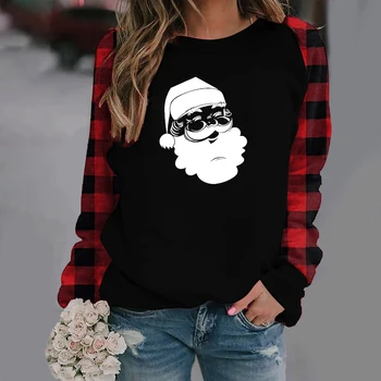 Preto e Vermelho Xadrez Raglan Mangas compridas Mulheres T-shirts Engraçadas Papai Noel de Impressão Gráfica Tees Mulheres Harajuku Camisa para Senhoras 2021