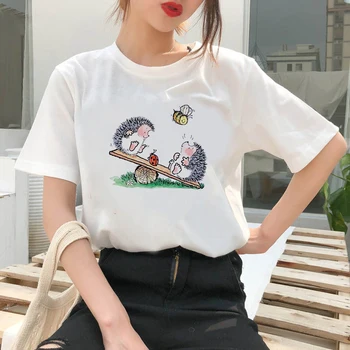 T-shirt Branca Tops Femininos Tops Ouriço Tema Impresso T-Shirt das Mulheres 90 Gráfico T-shirt O-pescoço Menina de Manga Curta Harajuku