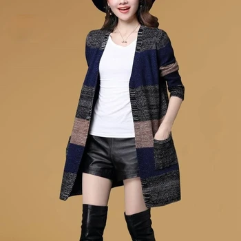 Tricot Outwear Abrir Ponto Casaco Casual Listrado Solta Malha com decote em V Longo Cardigan Suéter Casaco de Outono Inverno da Moda