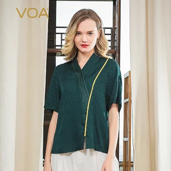 VOA Casual fio de Ouro Quimono com Decote em V Feminino de Seda Tops de Verão Verde Jacquard Elegante T-shirt Solta Harajuku Mulher Camisetas B9513